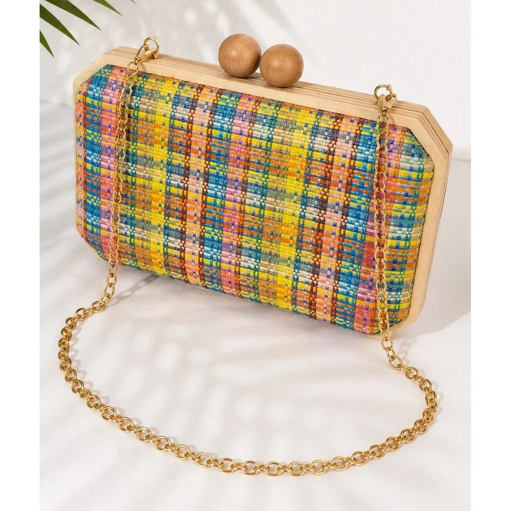 Colorful Woven Wood Frame Clutch Crossbody Bag Gold Chain Boho Resort